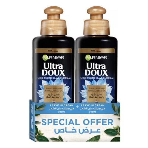 3 x Garnier Ultra Doux Shine Booster Leave-In Cream DUO PACK - BLACK CHARCOAL & NIGELLA SEED OIL 200ML+200ML